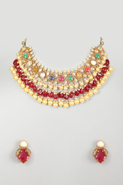 Gold Finish Kundan Polki & Multi-Colored Stone Necklace Set