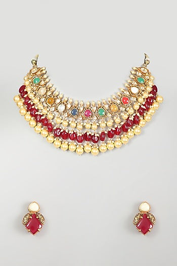 Gold Finish Kundan Polki & Multi-Colored Stone Necklace Set