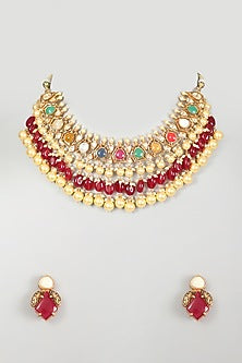 Gold Finish Kundan Polki & Multi-Colored Stone Necklace Set