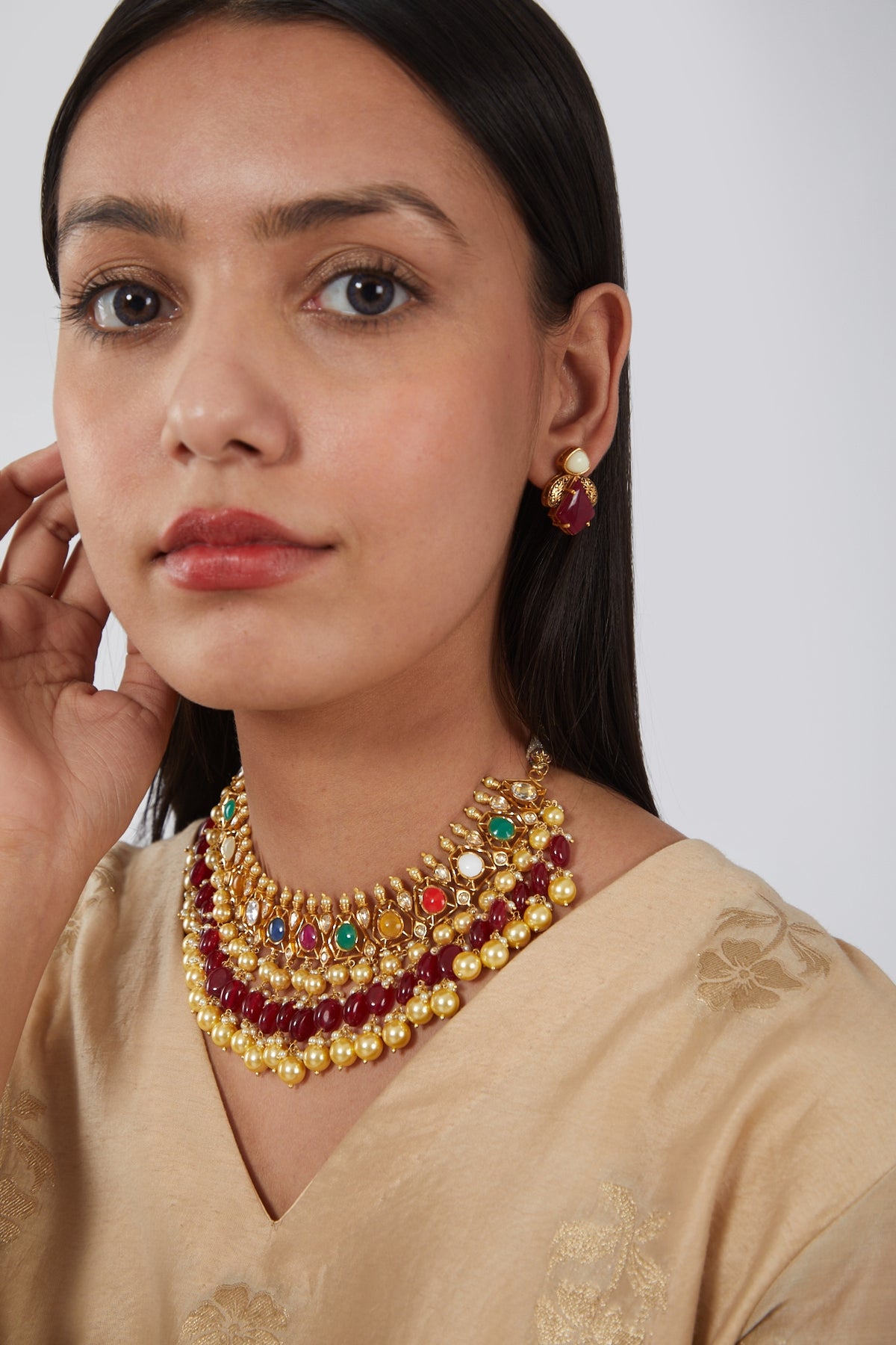 Gold Finish Kundan Polki & Multi-Colored Stone Necklace Set