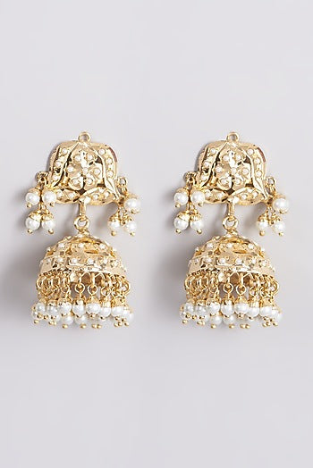 Gold Finish Pearl Jhumka Earrings