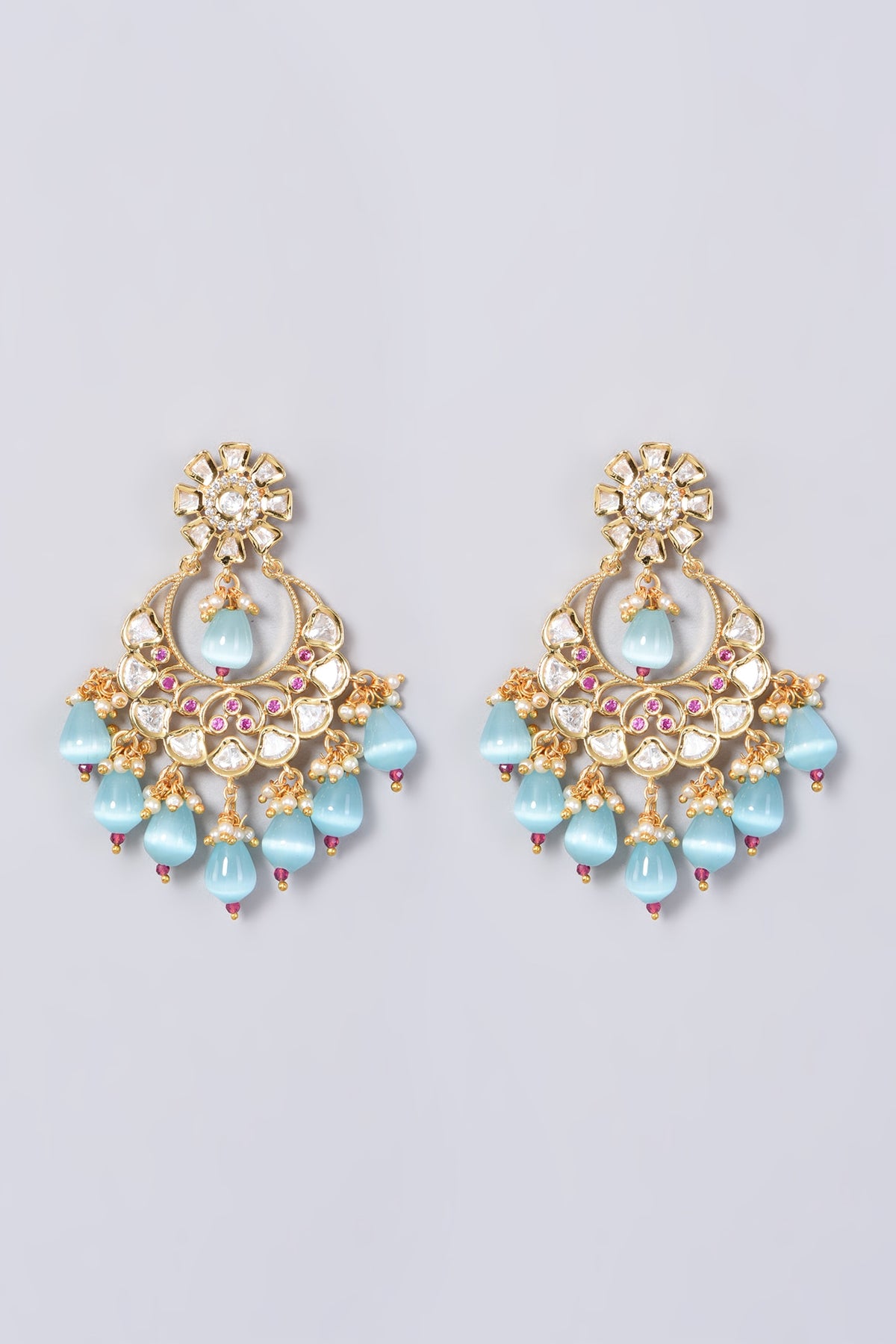 Gold Finish Kundan Polki & Blue Stone Earrings