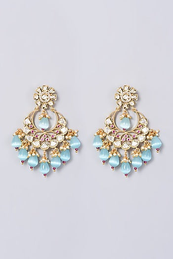 Gold Finish Kundan Polki & Blue Stone Earrings