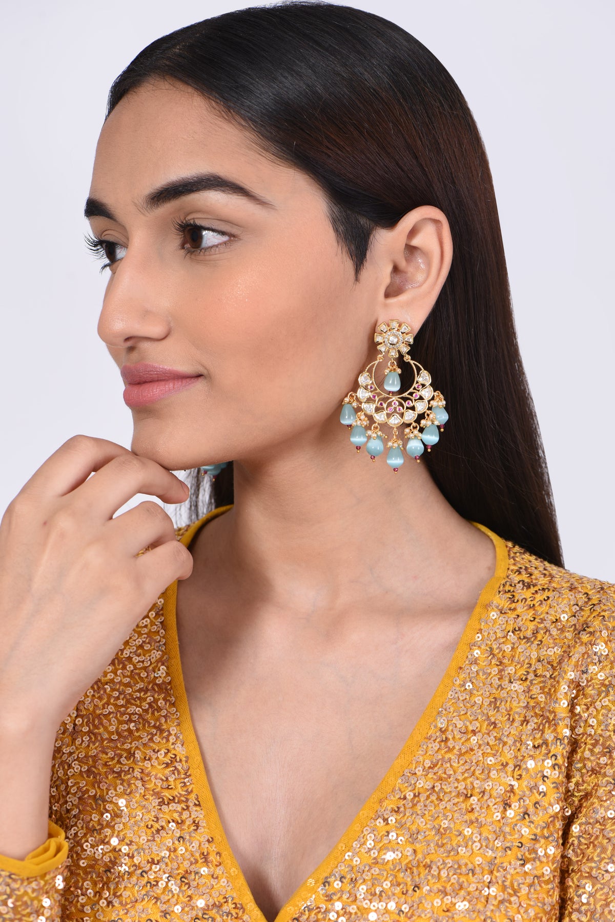 Gold Finish Kundan Polki & Blue Stone Earrings