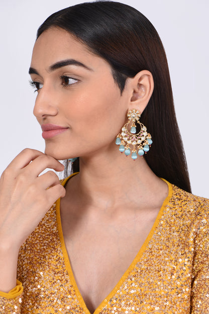 Gold Finish Kundan Polki & Blue Stone Earrings