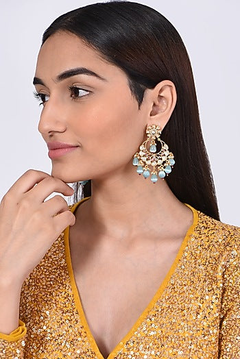 Gold Finish Kundan Polki & Blue Stone Earrings