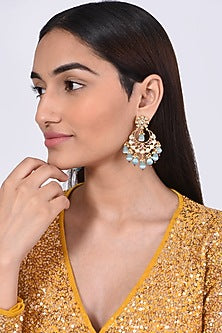 Gold Finish Kundan Polki & Blue Stone Earrings
