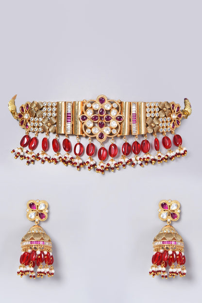 Gold Finish Kundan Polki & Red Beaded Choker Necklace Set