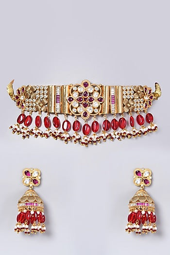 Gold Finish Kundan Polki & Red Beaded Choker Necklace Set