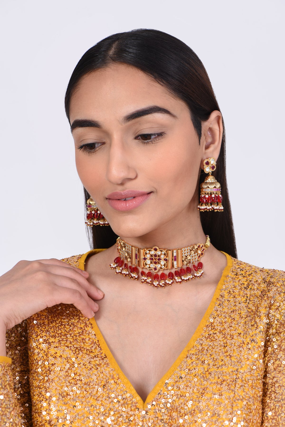 Gold Finish Kundan Polki & Red Beaded Choker Necklace Set