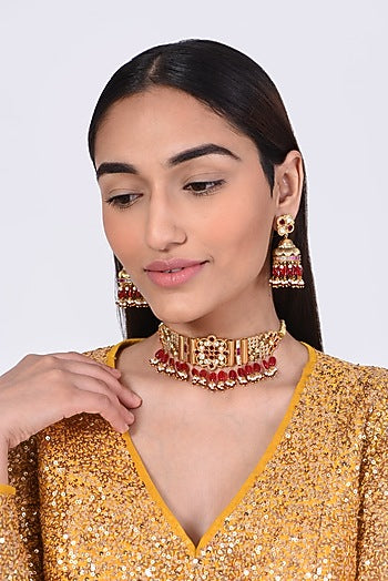 Gold Finish Kundan Polki & Red Beaded Choker Necklace Set