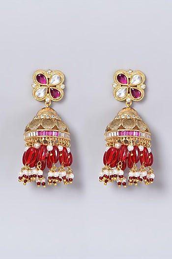 Gold Finish Kundan Polki & Red Beaded Choker Necklace Set