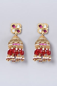Gold Finish Kundan Polki & Red Beaded Choker Necklace Set
