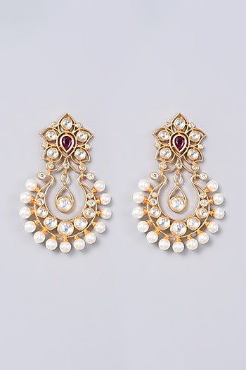 Gold Finish Kundan Polki & Pearl Earrings