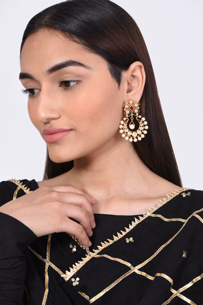 Gold Finish Kundan Polki & Pearl Earrings