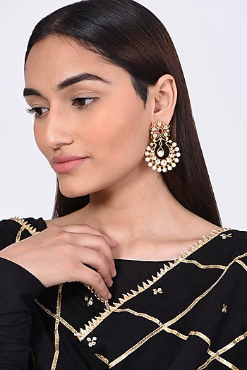 Gold Finish Kundan Polki & Pearl Earrings