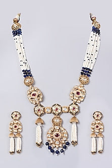 Gold Finish Kundan Polki & Dark Blue Beaded Choker Necklace Set