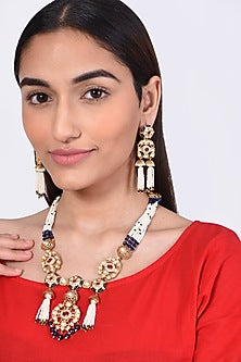 Gold Finish Kundan Polki & Dark Blue Beaded Choker Necklace Set