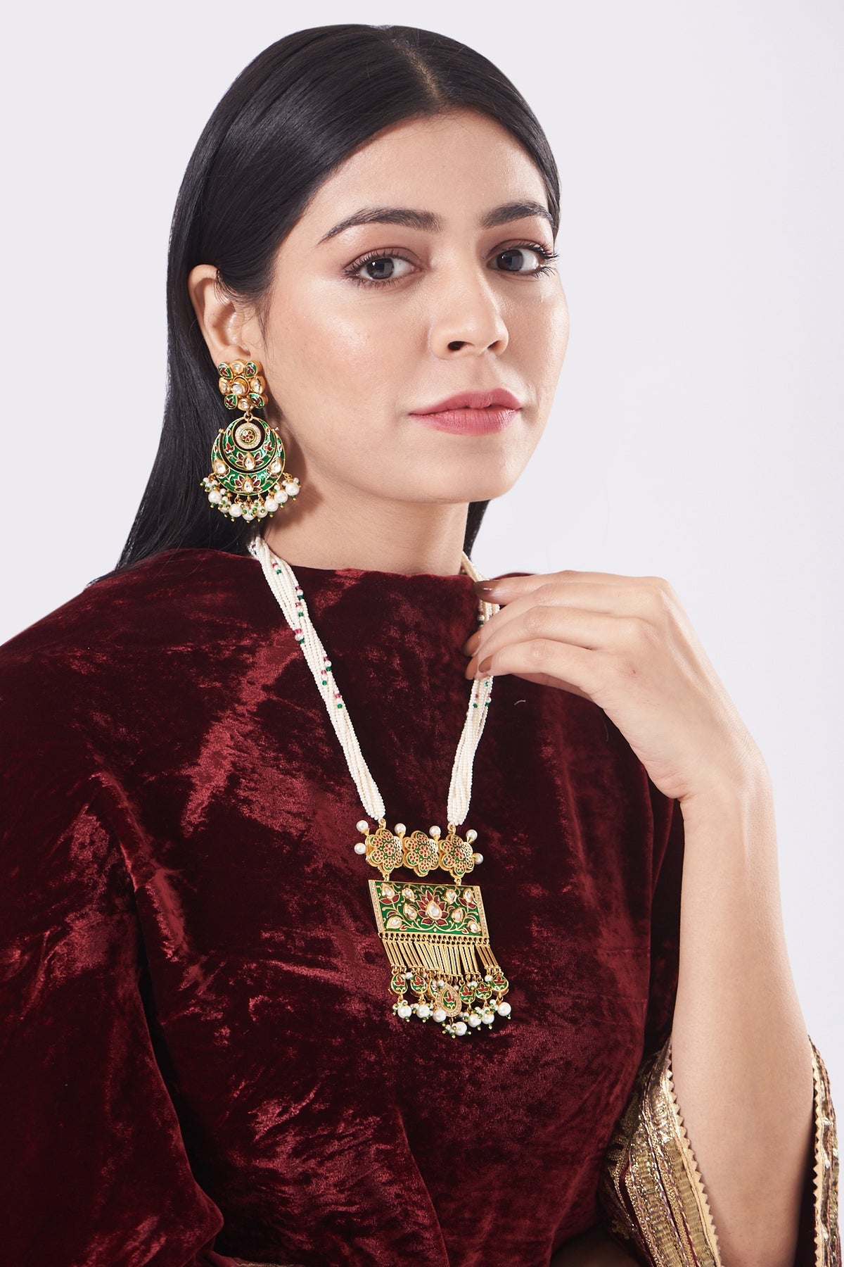 Gold Finish Kundan Polki & Green Semi Precious Stones Necklace Set