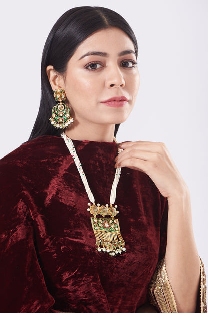 Gold Finish Kundan Polki & Green Semi Precious Stones Necklace Set
