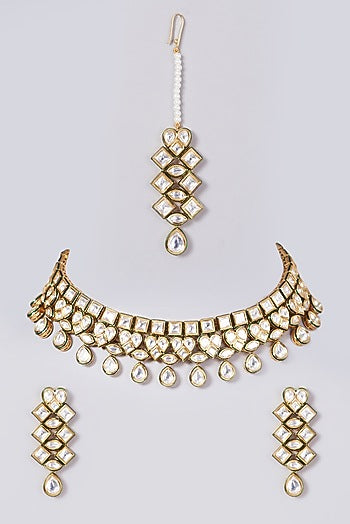 Gold Finish Kundan Polki Choker Necklace Set
