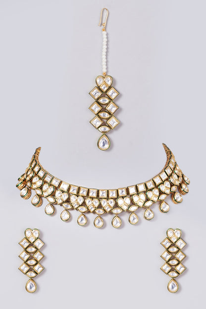 Gold Finish Kundan Polki Choker Necklace Set