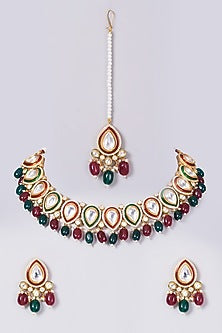Gold Finish Green & Red Beaded Choker Necklace Set