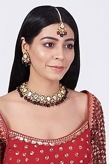 Gold Finish Green & Red Beaded Choker Necklace Set