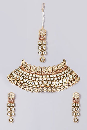 Gold Finish Kundan Polki Choker Necklace Set