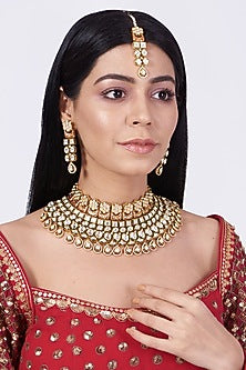 Gold Finish Kundan Polki Choker Necklace Set