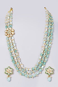 Gold Finish Kundan Polki Beaded Long Necklace Set