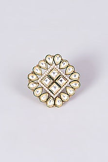 Gold Finish Kundan Polki Square Ring