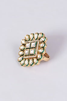 Gold Finish Kundan Polki Square Ring