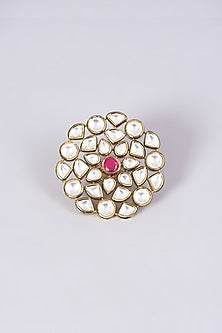 Gold Finish Kundan Polki & Red Stone Ring
