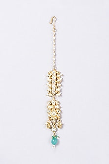 Gold Finish Kundan Polki & Blue Beaded Maang Tikka