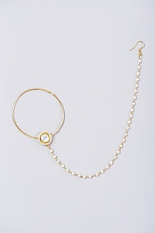 Gold Finish Kundan Polki & Pearl Nose Ring