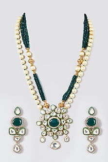 Gold Finish Green Beaded Long Necklace Set