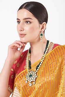 Gold Finish Green Beaded Long Necklace Set