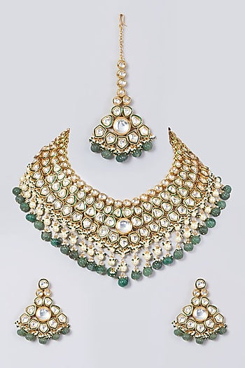 Gold Finish Kundan Polki & Green Beaded Necklace Set