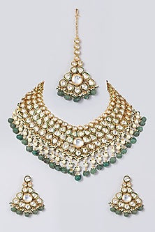 Gold Finish Kundan Polki & Green Beaded Necklace Set