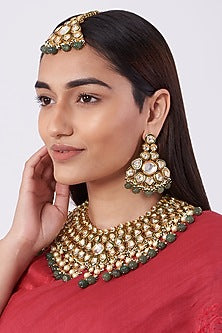 Gold Finish Kundan Polki & Green Beaded Necklace Set