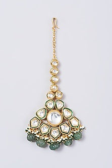 Gold Finish Kundan Polki & Green Beaded Necklace Set