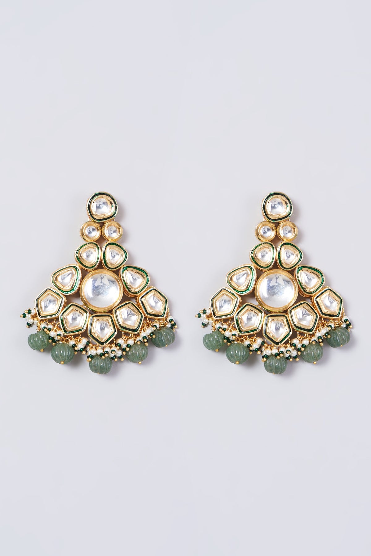 Gold Finish Kundan Polki & Green Beaded Necklace Set