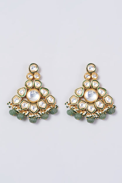 Gold Finish Kundan Polki & Green Beaded Necklace Set
