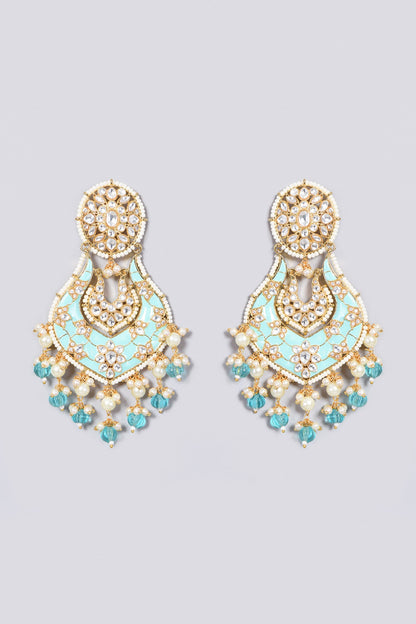 Gold Finish Kundan Polki & Blue Beaded Earrings