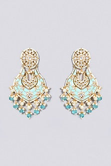 Gold Finish Kundan Polki & Blue Beaded Earrings