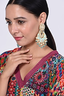 Gold Finish Kundan Polki & Blue Beaded Earrings
