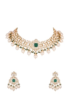 Gold Finish Kundan Polki & Green Stone Necklace Set