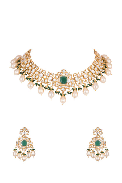 Gold Finish Kundan Polki & Green Stone Necklace Set