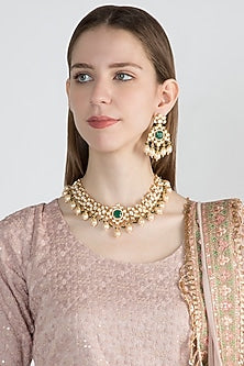 Gold Finish Kundan Polki & Green Stone Necklace Set